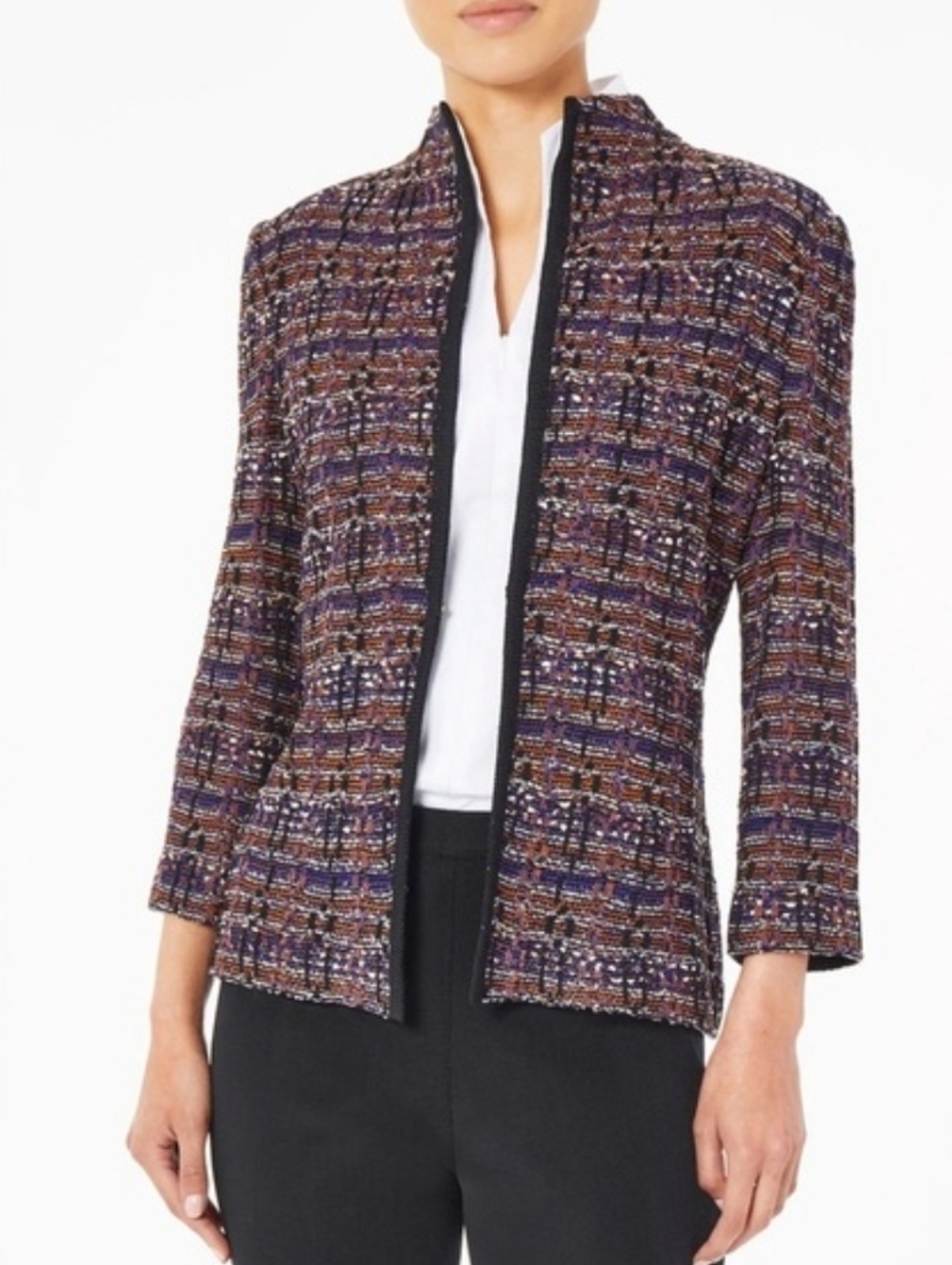 Ming Wang Multicolor Brown Tweed Knit Open-Front Blazer with Black Trim Sz S